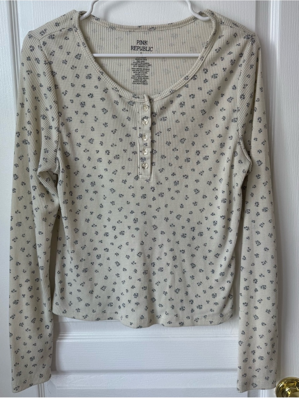 Pink Republic Cream Floral Ribbed Henley Long Sleeve Top